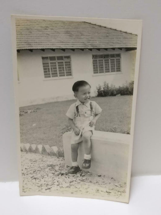 Vtg Asian Chinese Happy Smiling Boy Outside Home Posing Portrait B&W Photo P290