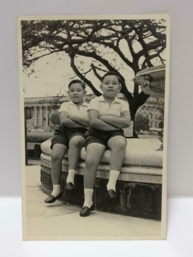 Vintage Asian Chinese Boys Twins Kids Sitting Fountain Outdoors B&W Photo (P444)