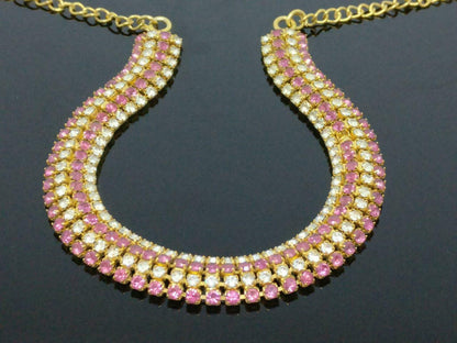 Vintage Diamante Pink & Clear Rhinestone Gold Tone Necklace F/S (J637)