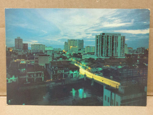 LUCKYPIGEON Night View Of New Bridge Road High Rise Singapore Postcard (C1910)