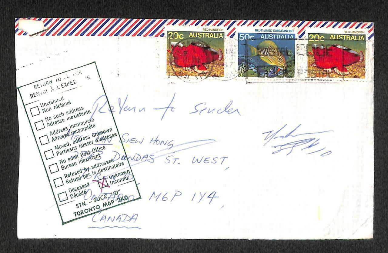 Australia To Canada 50c + 20 Cents x 2 Stamp Chop Mail Returned Cover (C1403)