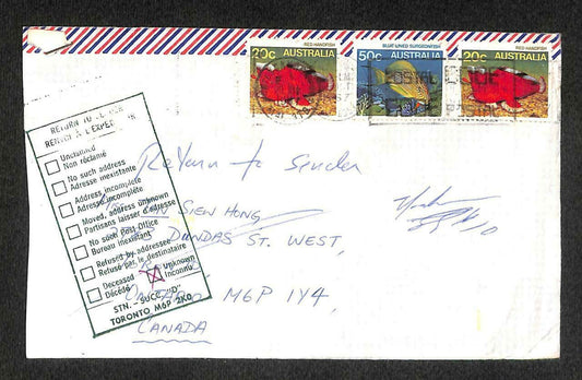 Australia To Canada 50c + 20 Cents x 2 Stamp Chop Mail Returned Cover (C1403)