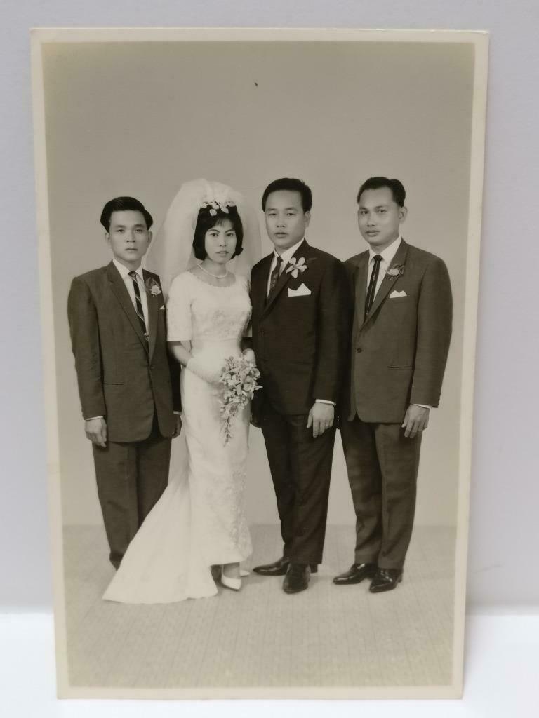 Vintage Wedding Couple With Man Friends Flower Studio Portrait B&W Photo (P326)