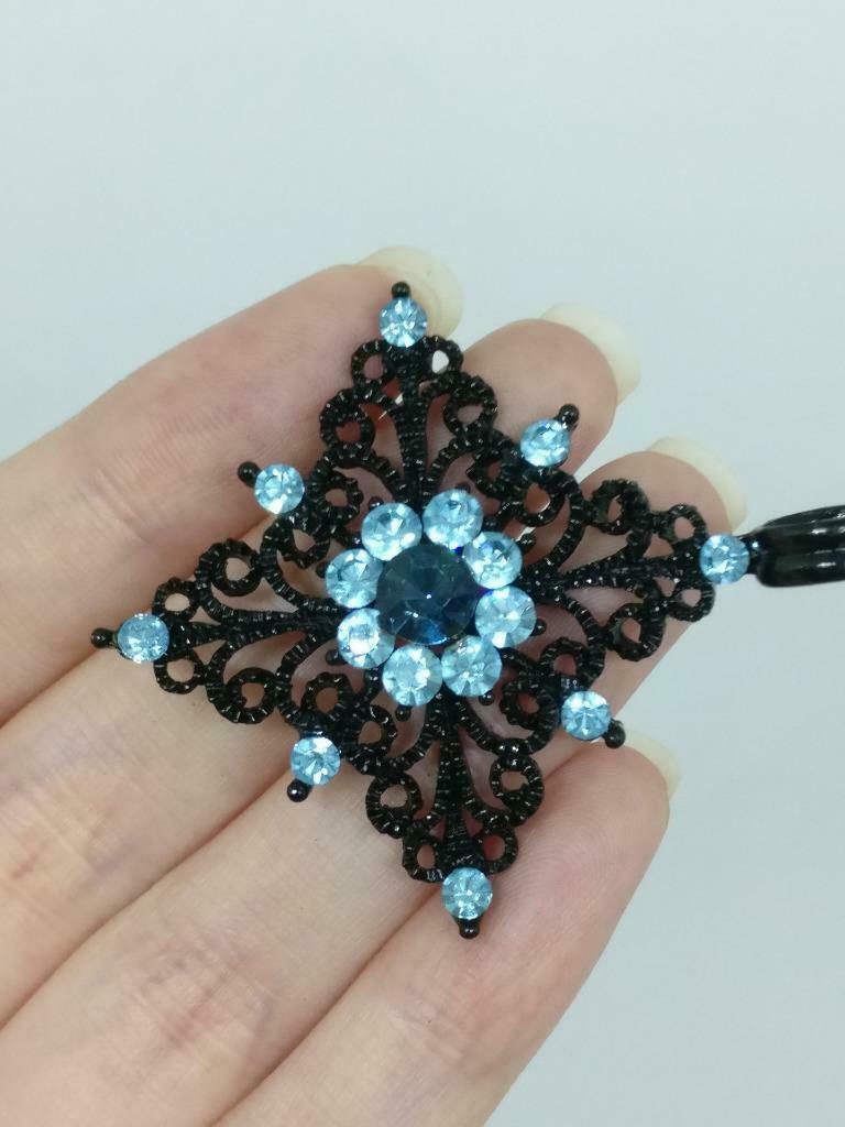 Rare Vintage Diamante Blue Sparkling Rhinestone Beads Flower Pendant F/S (J907)