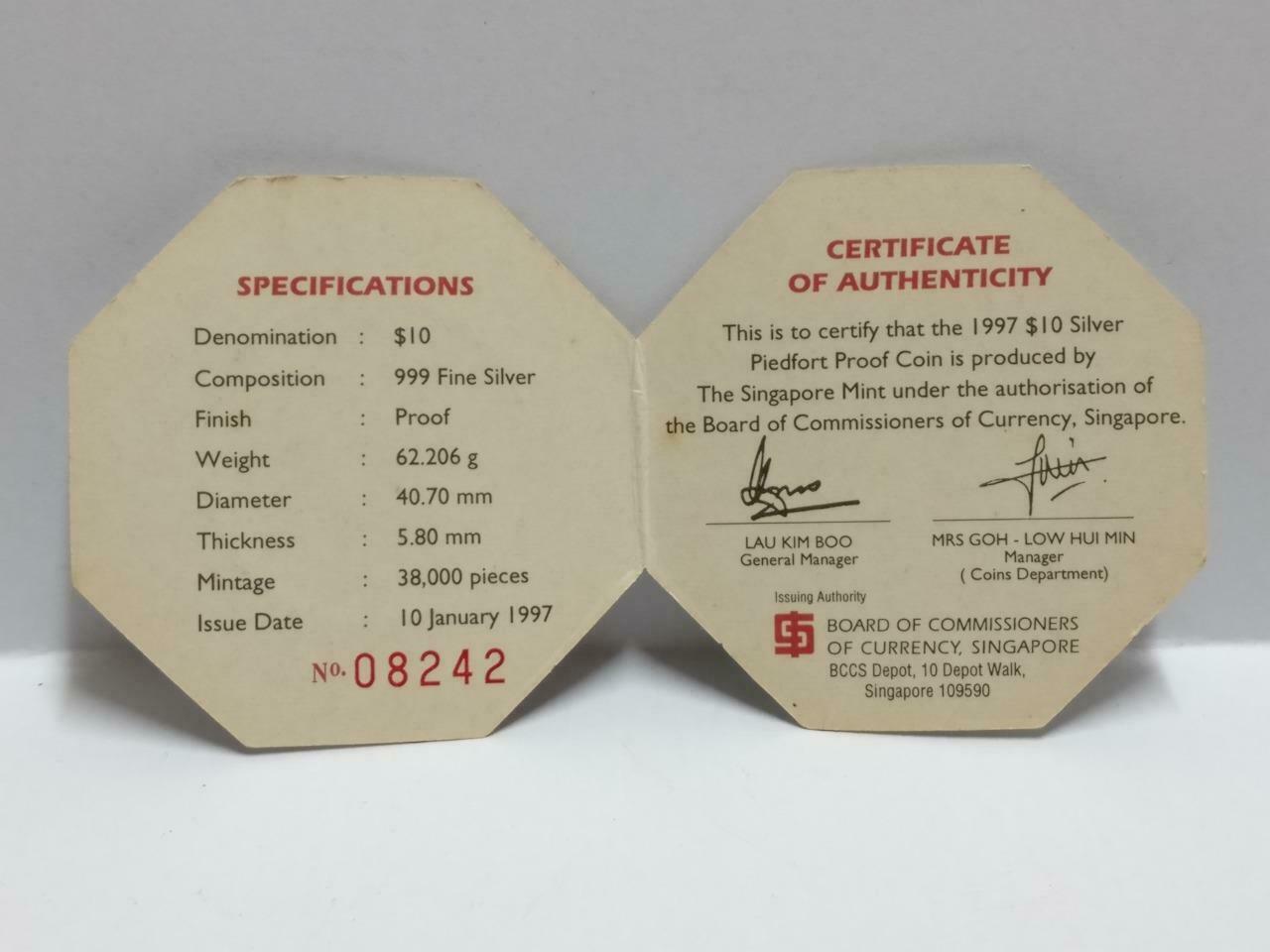 Singapore $10 Ox 1997 Proof 2 OZ Silver Coin With Box & Cert (C047b)