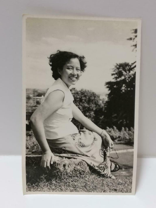 1950s Chinese Lady Sitting On Tree Bark Park Outdoors Portrait B&W Photo (P517)
