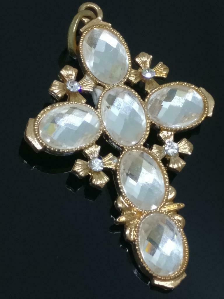Rare Vintage Victorian Cross Rhinestone Beads Gold Tone Charm Pendant F/S (J820)