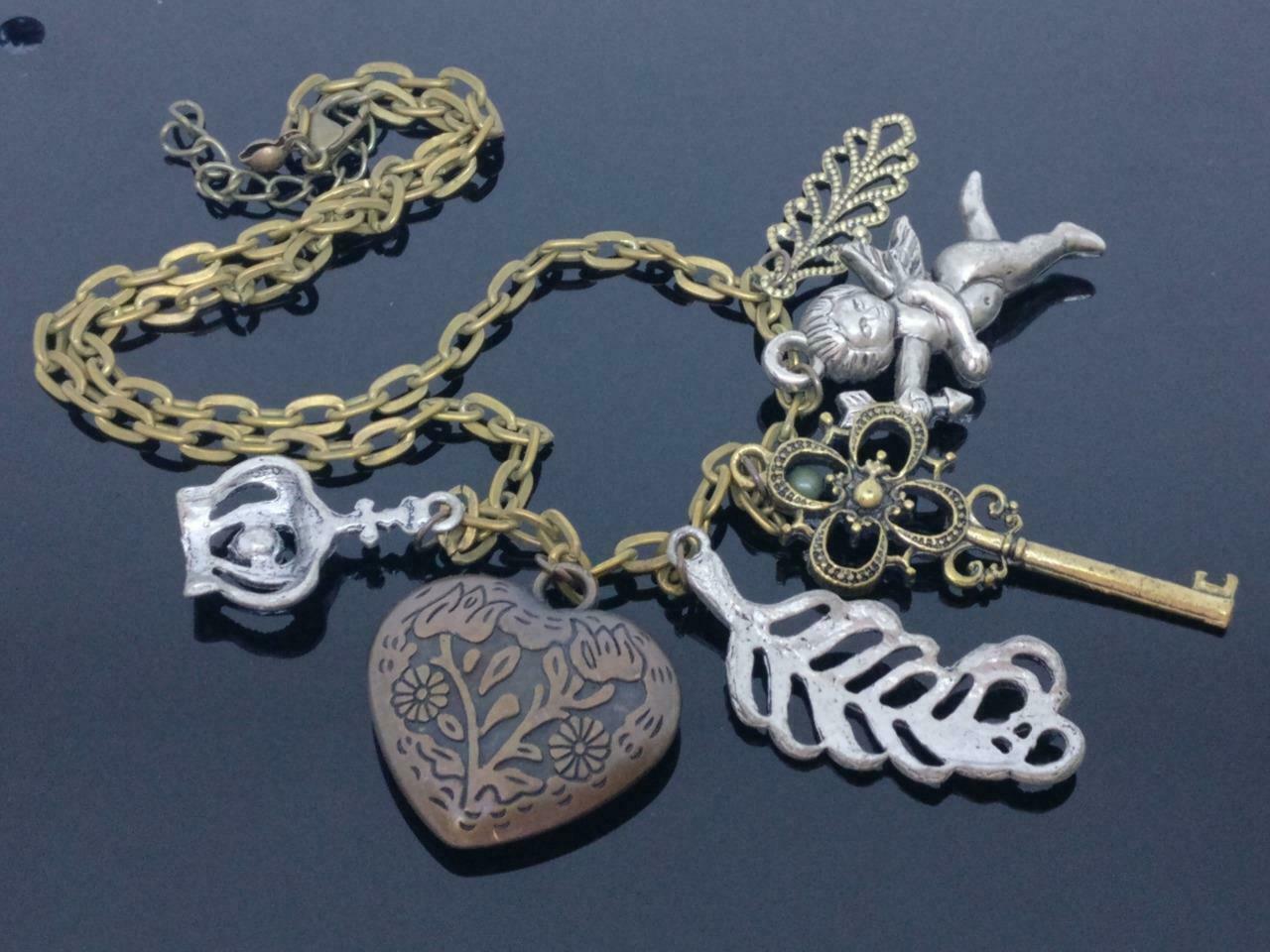 CJ888 Vintage Crown Key Heart Cupid Pendants Bronze Estate Necklace F/S (J553)