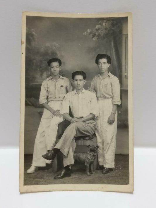 1950's Vintage Overseas Chinese Man Family & Dog Portrait Studio B&W Photo P551