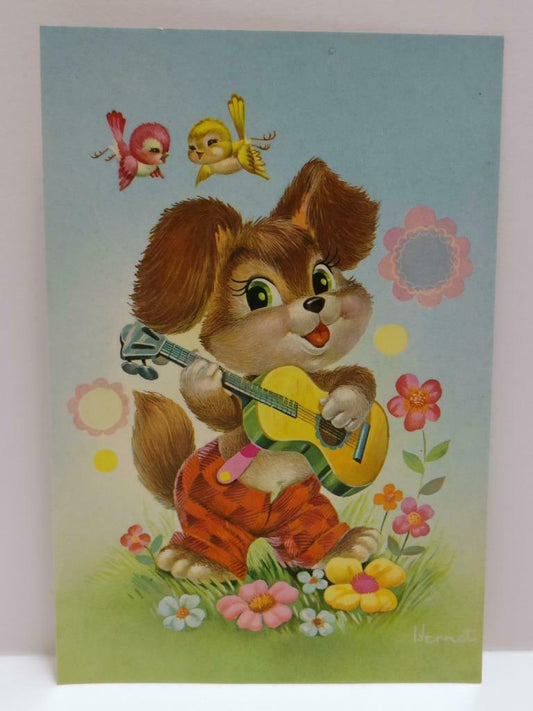 LUCKYPIGEON888 Cute Cartoon Bear & Guitar Drawings Singapore Postcard (E0427)