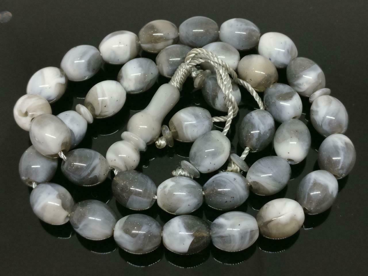 CJ888 Vintage Asia Beautiful Grey & White Mala Bead Art Craft Necklace F/S J498