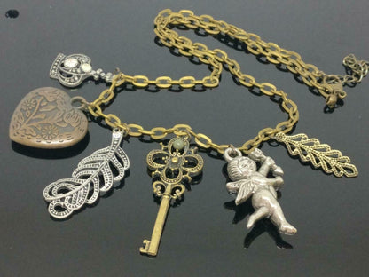 CJ888 Vintage Crown Key Heart Cupid Pendants Bronze Estate Necklace F/S (J553)