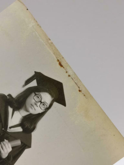 Vintage Asian Chinese Girl In Graduation Gown Scroll Portrait B&W Photo (P311)