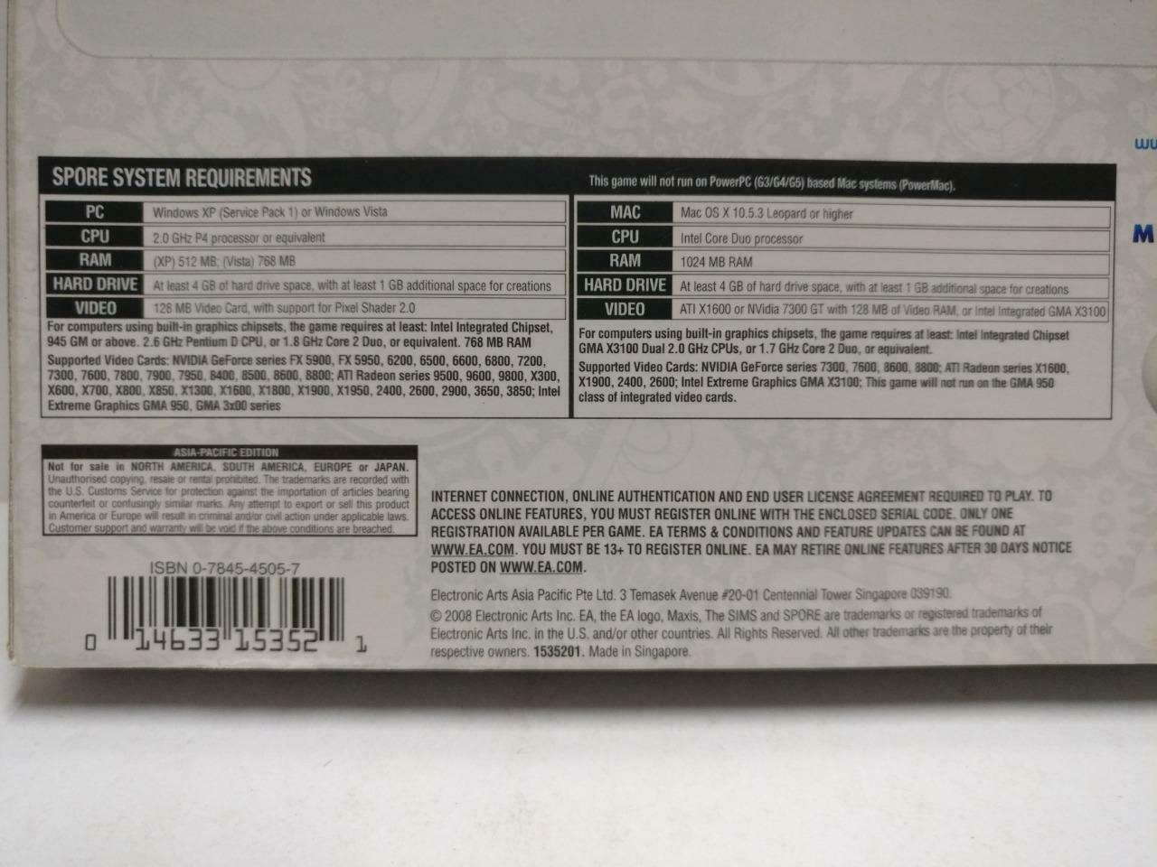 PC Game Spore 2008 Singapore Win Mac DVD-ROM Disc (GA395)