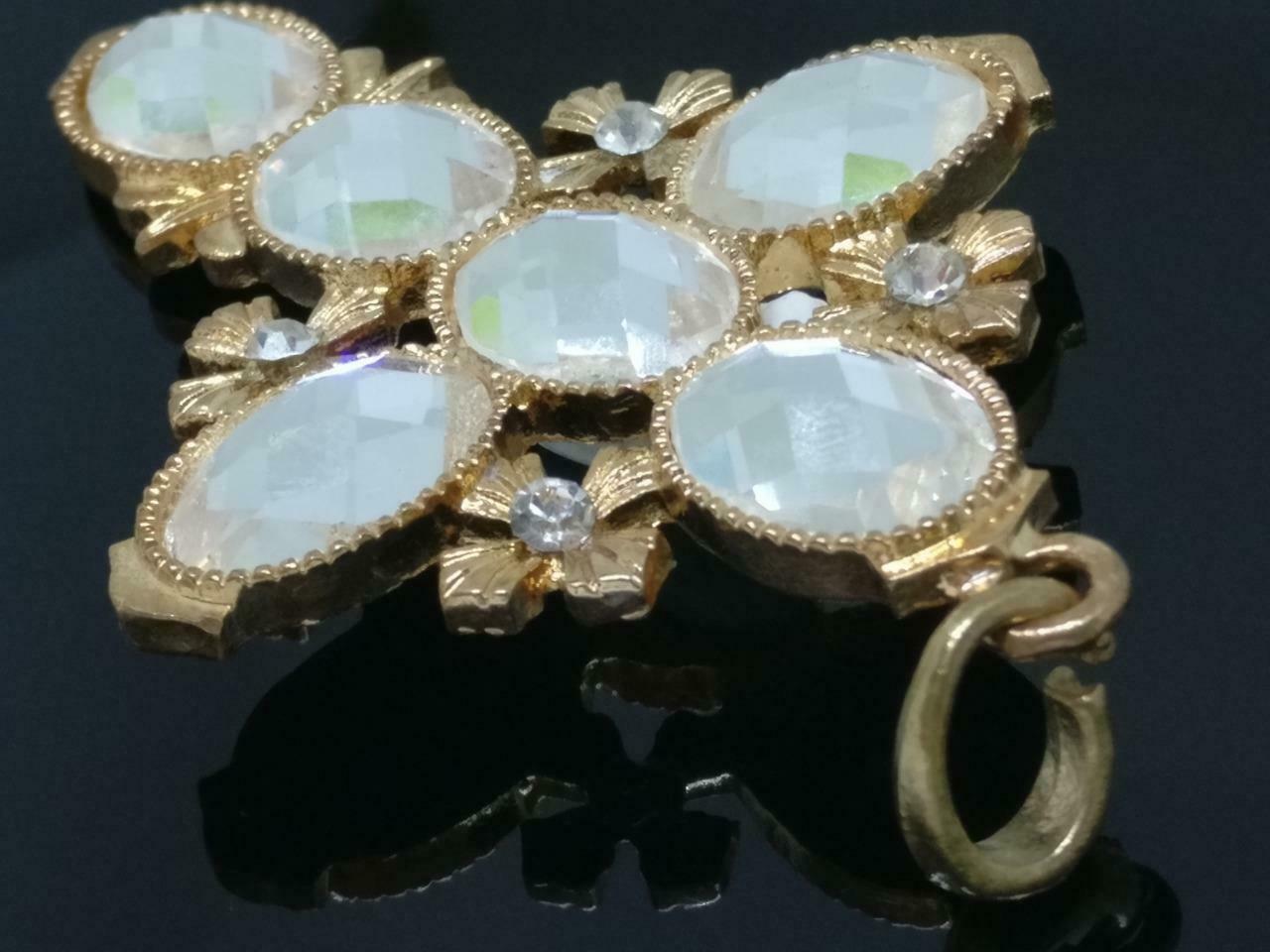 Rare Vintage Victorian Cross Rhinestone Beads Gold Tone Charm Pendant F/S (J820)