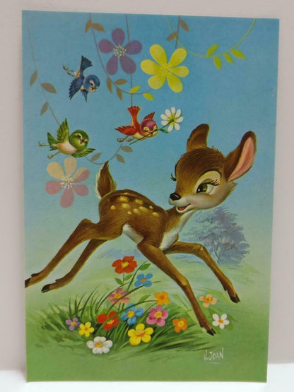 LUCKYPIGEON888 Cute Cartoon Deer Bird Flower Drawings Singapore Postcard (E0426)