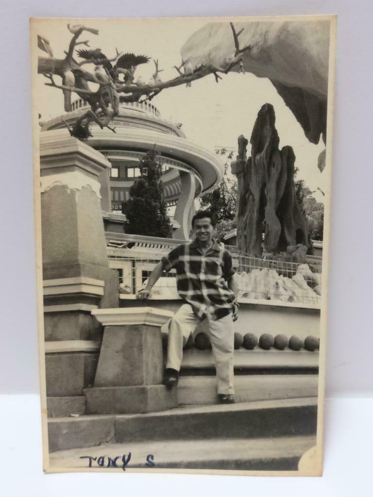 Vintage Overseas Chinese Man Smiling At Scenic Park Portrait B&W Photo P473