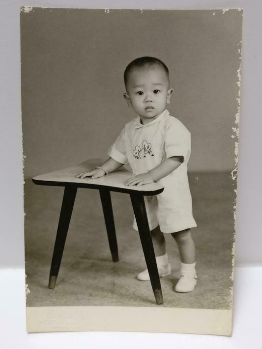 Vintage Asian Toddler Cute Kid Boy Standing By A Stool Studio B&W Photo (P437)