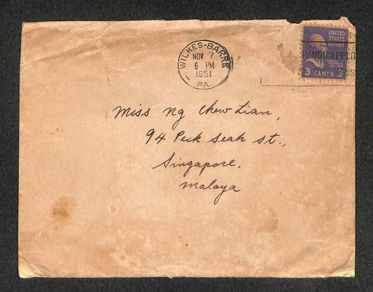 1951 USA To Singapore 3 Cents Handicapped Stamp Chop Airmail Cover (C1391)