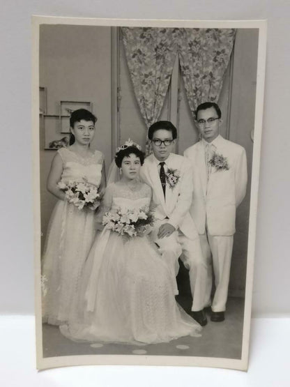 Vintage Asian Chinese Wedding Couple With Bridesmaid & Bridesman B&W Photo P448