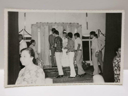 Vtg Asian Chinese Wedding Ceremony Friends Guests Greeting Candid B&W Photo P399