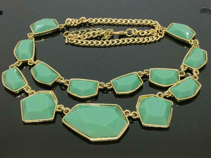 CJ888 Vintage Art Deco Green Pendant Gold Tone Women Estate Necklace F/S (J593)