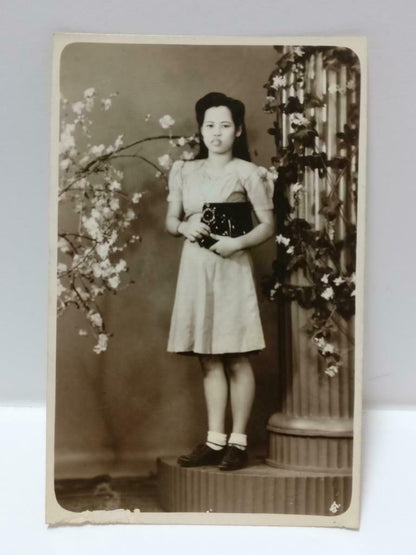 Vintage Asian Chinese Lady In Retro Dress Flower Studio Portrait B&W Photo P372