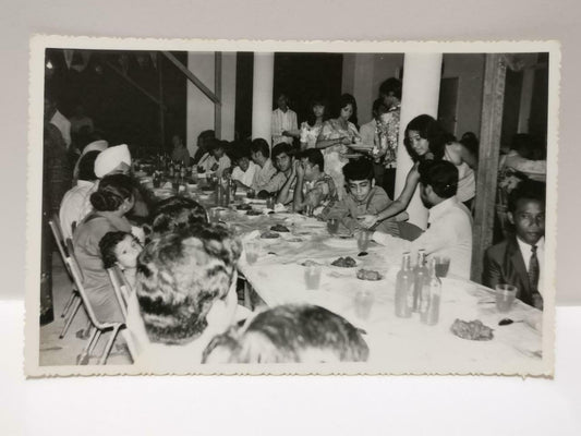 Vintage Asian Malay Family Gathering Dinner Food Serving Candid B&W Photo (P397)